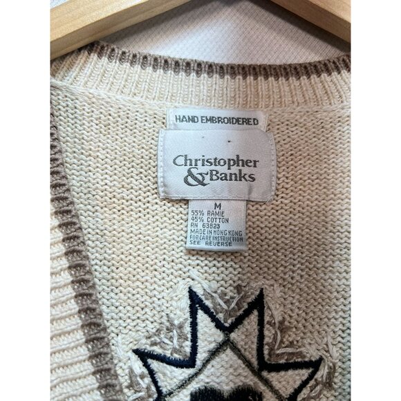 Christopher & Banks Women's Ramie Hand Embroidered Vest Size M Beige Geometric - Picture 3 of 12